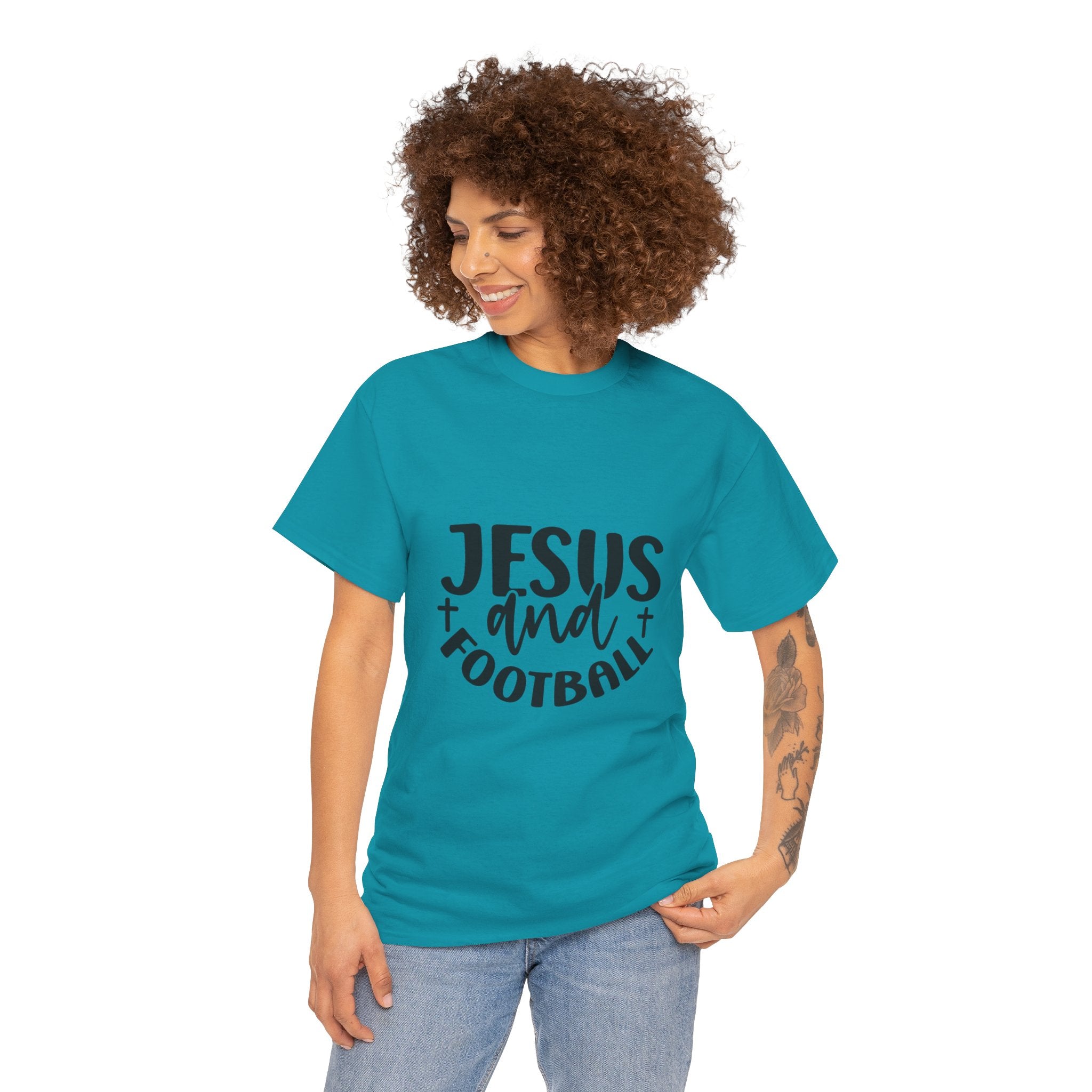 Unisex Heavy Cotton Tee - Jesus and Football Graphic Shirt, Faith Inspired Tee, Casual Christian Apparel, Sports T-Shirt, Gift for Game Day