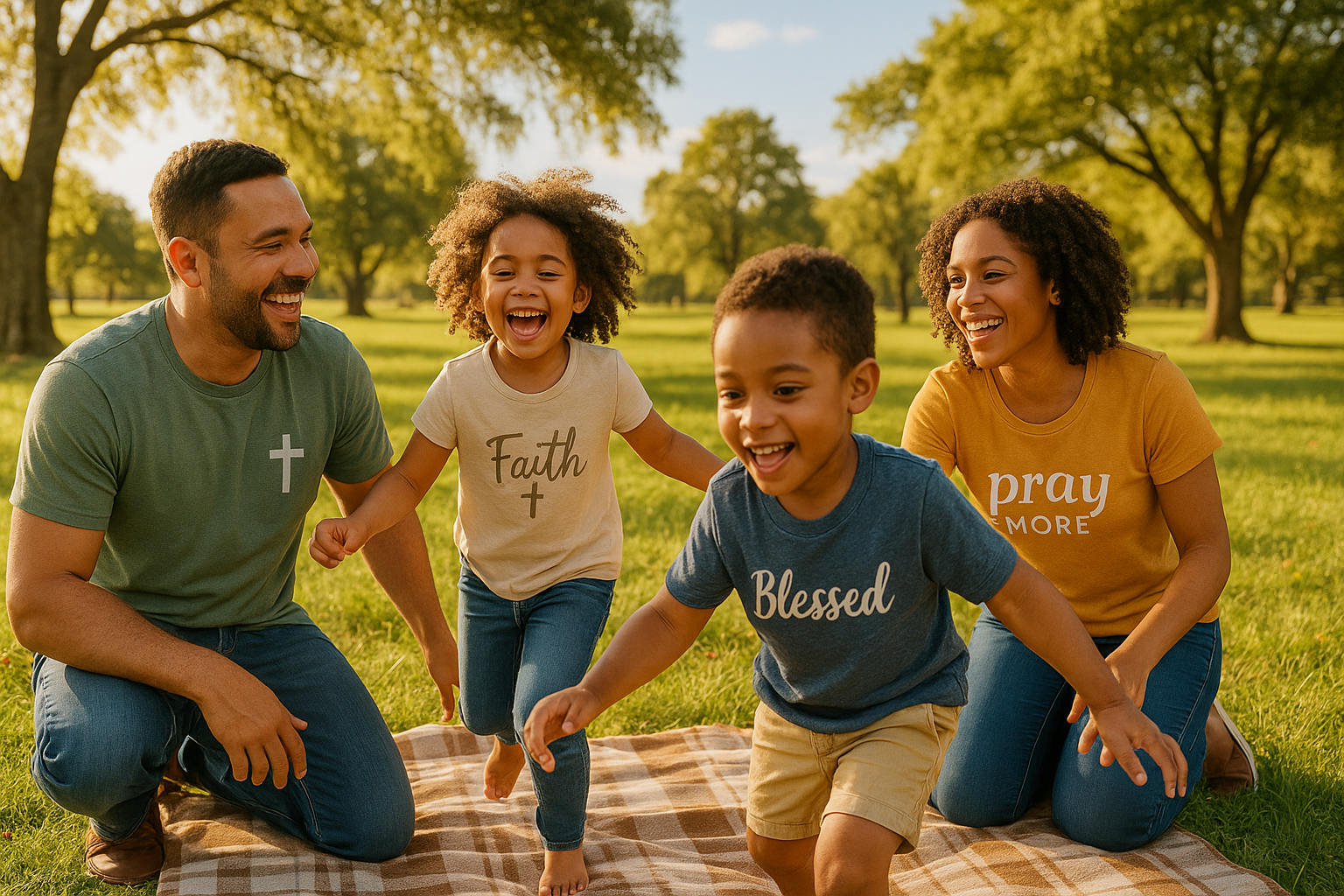 please create an image that promotes family fun for a website that sells faith based shirts and other faith based products